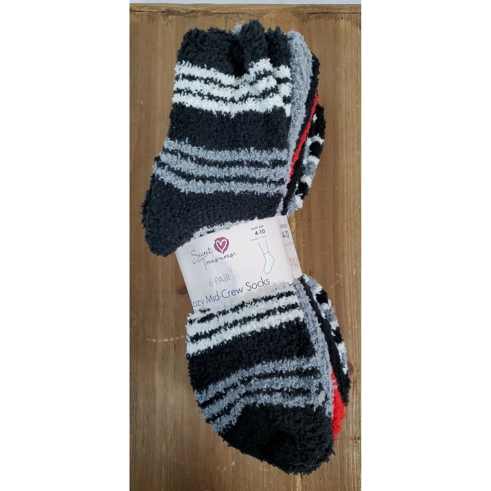 Cozy Mid-crew Socks Shoe Size 4-10 Black Red Grey Stripe 6pk Secret Treasures